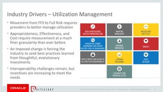Copyright © 2014 Oracle and/or its affiliates. All rights reserved. |
Industry Drivers – Utilization Management
• Movement from FFS to Full Risk requires
providers to better manage utilization
• Appropriateness, Effectiveness, and
Cost require measurement at a much
finer granularity than ever before
• An imposed change is forcing the
industry to seek best practices learned
from thoughtful, evolutionary
investments
• Interoperability challenges remain, but
incentives are increasing to meet the
needs
Oracle Confidential – Internal/Restricted/Highly Restricted 15
 