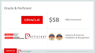 Copyright © 2014 Oracle and/or its affiliates. All rights reserved. |
Oracle & Perficient
$5B R&D Investment
Industry & External
Validation & Recognition
7Oracle Confidential – Internal/Restricted/Highly Restricted
e Corporation
enue on a trailing
basis*
uct/industry
omers in 145
rs
oyees
velopers in Oracle
unities
• 32,000 developers and engineers
• 18,000 customer support
specialists, speaking 27
languages
• 17,000 implementation
consultants
• 1.5 million students supported
annually
• 850 independent Oracle
user groups with 800,000
members
• $4.5 Billion in R&D (2011)
►Innovation
Oracle’s commitment to R&D creates technology to fuel innovation
SD as of August 31, 2011`
 
