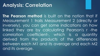 Analysis: Correlation
The Pearson method is built on the notion that if
Measurement 1 trails Measurement 2 (directly or
inversely), you can get some indications on how
linked they are by calculating Pearson's r -the
correlation coefficient-, which is a quantity
derived from the products of the differences
between each M1 and its average and each M2
and its average.
 