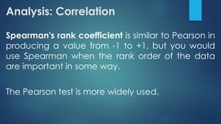 Analysis: Correlation
Spearman's rank coefficient is similar to Pearson in
producing a value from -1 to +1, but you would
use Spearman when the rank order of the data
are important in some way.
The Pearson test is more widely used.
 