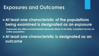 Exposures and Outcomes
At least one characteristic of the populations
being examined is designated as an exposure
Exposures are often environmental measures likely to be fairly consistent across an
entire population
At least one characteristic is designated as an
outcome
 