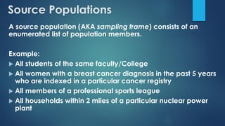 Source Populations
A source population (AKA sampling frame) consists of an
enumerated list of population members.
Example:
 All students of the same faculty/College
 All women with a breast cancer diagnosis in the past 5 years
who are indexed in a particular cancer registry
 All members of a professional sports league
 All households within 2 miles of a particular nuclear power
plant
 