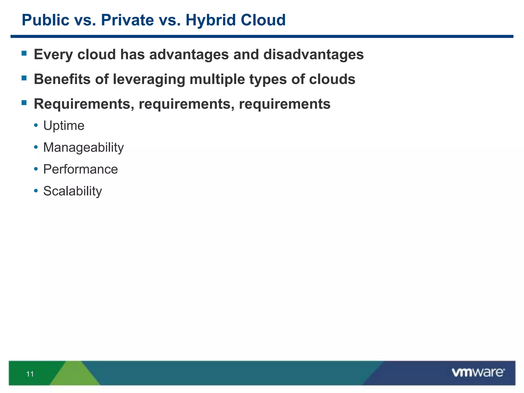 11
Public vs. Private vs. Hybrid Cloud
 Every cloud has advantages and disadvantages
 Benefits of leveraging multiple types of clouds
 Requirements, requirements, requirements
• Uptime
• Manageability
• Performance
• Scalability
 