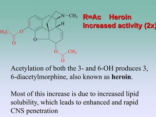 O
O
N
H
CH3
O CH3
O
O
H3C
Acetylation of both the 3- and 6-OH produces 3,
6-diacetylmorphine, also known as heroin.
Most of this increase is due to increased lipid
solubility, which leads to enhanced and rapid
CNS penetration
R=Ac Heroin
Increased activity (2x)
 