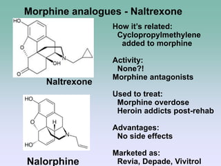 Morphine analogues - Naltrexone
How it’s related:
Cyclopropylmethylene
added to morphine
Activity:
None?!
Morphine antagonists
Used to treat:
Morphine overdose
Heroin addicts post-rehab
Advantages:
No side effects
Marketed as:
Revia, Depade, Vivitrol
Naltrexone
Nalorphine
 