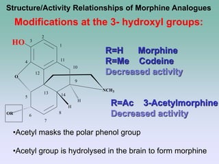1
2
3
4
5
6
7
8
9
10
11
12
13 14
O
OR
H
HO
NCH3
H
Modifications at the 3- hydroxyl groups:
Structure/Activity Relationships of Morphine Analogues
R=Ac 3-Acetylmorphine
Decreased activity
•Acetyl masks the polar phenol group
•Acetyl group is hydrolysed in the brain to form morphine
R=H Morphine
R=Me Codeine
Decreased activity
 