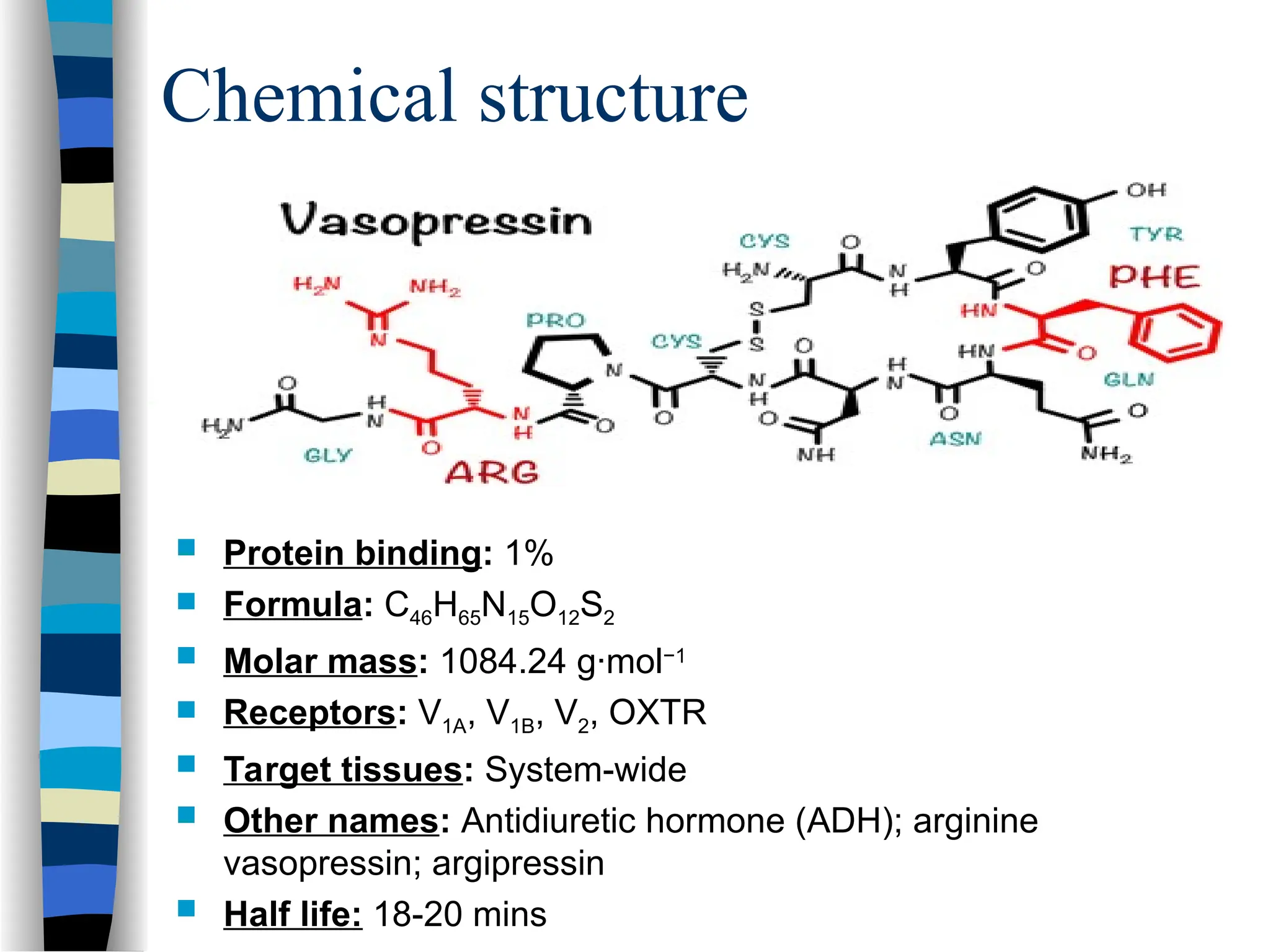 Chemical structure
 Protein binding: 1%
 Formula: C46H65N15O12S2
 Molar mass: 1084.24 g·mol−1
 Receptors: V1A, V1B, V2, OXTR
 Target tissues: System-wide
 Other names: Antidiuretic hormone (ADH); arginine
vasopressin; argipressin
 Half life: 18-20 mins
 