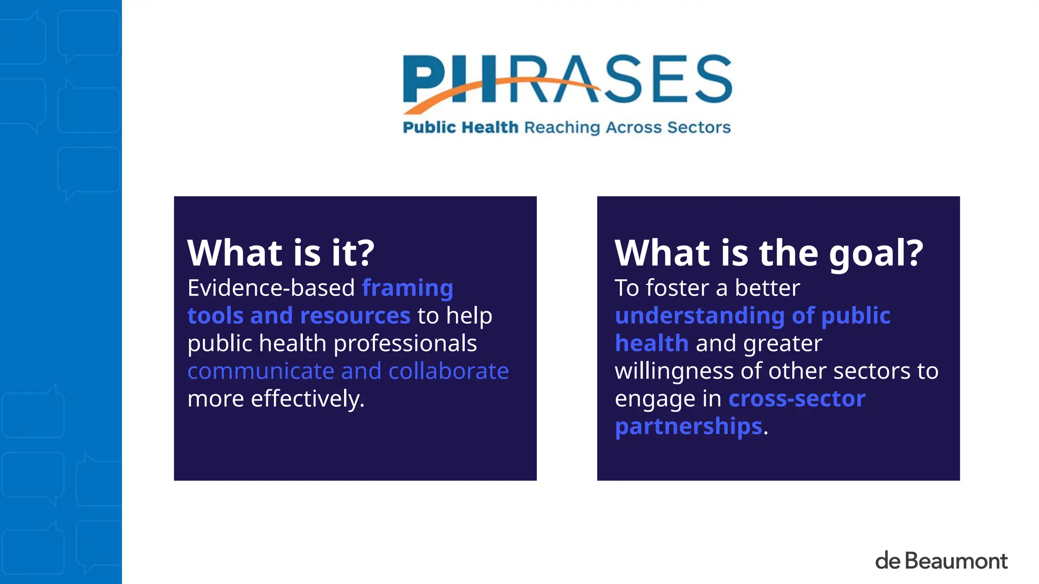 What is it?
Evidence-based framing
tools and resources to help
public health professionals
communicate and collaborate
more effectively.
What is the goal?
To foster a better
understanding of public
health and greater
willingness of other sectors to
engage in cross-sector
partnerships.
 