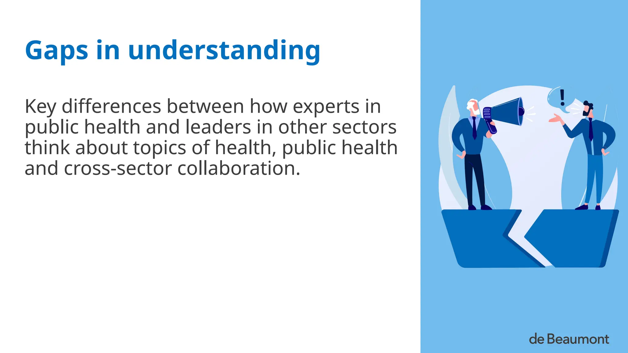 Gaps in understanding
Key differences between how experts in
public health and leaders in other sectors
think about topics of health, public health
and cross-sector collaboration.
 