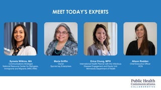 MEET TODAY'S EXPERTS
Syreeta Wilkins, MA
Communications Strategist
National Resource Center for Refugees,
Immigrants and M...