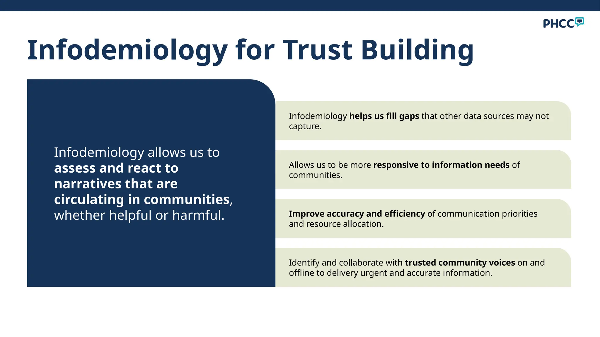Infodemiology for Trust Building
Infodemiology helps us fill gaps that other data sources may not
capture.
Allows us to be more responsive to information needs of
communities.
Improve accuracy and efficiency of communication priorities
and resource allocation.
Identify and collaborate with trusted community voices on and
offline to delivery urgent and accurate information.
Infodemiology allows us to
assess and react to
narratives that are
circulating in communities,
whether helpful or harmful.
 