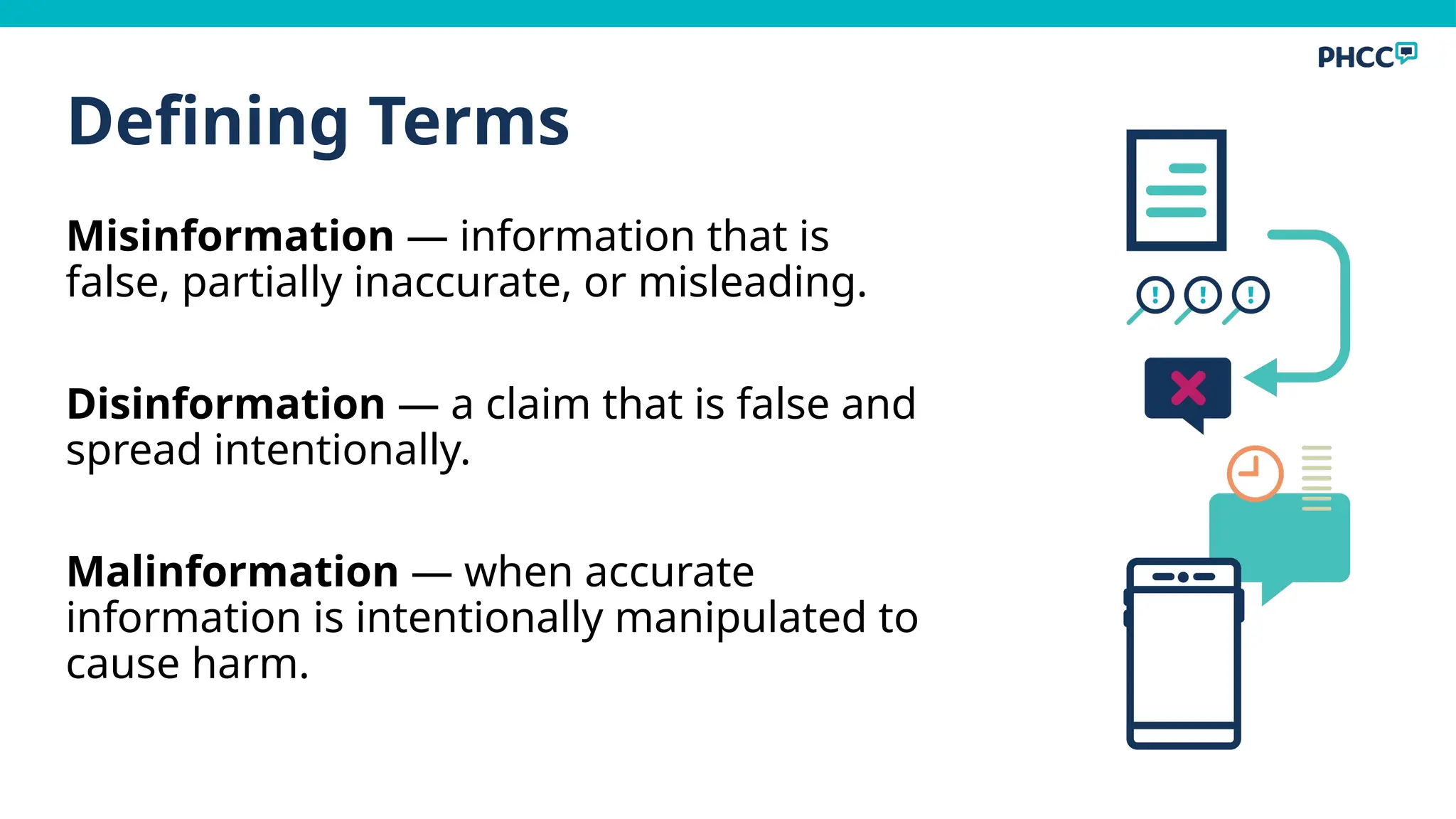 Defining Terms
Misinformation — information that is
false, partially inaccurate, or misleading.
Disinformation — a claim that is false and
spread intentionally.
Malinformation — when accurate
information is intentionally manipulated to
cause harm.
 