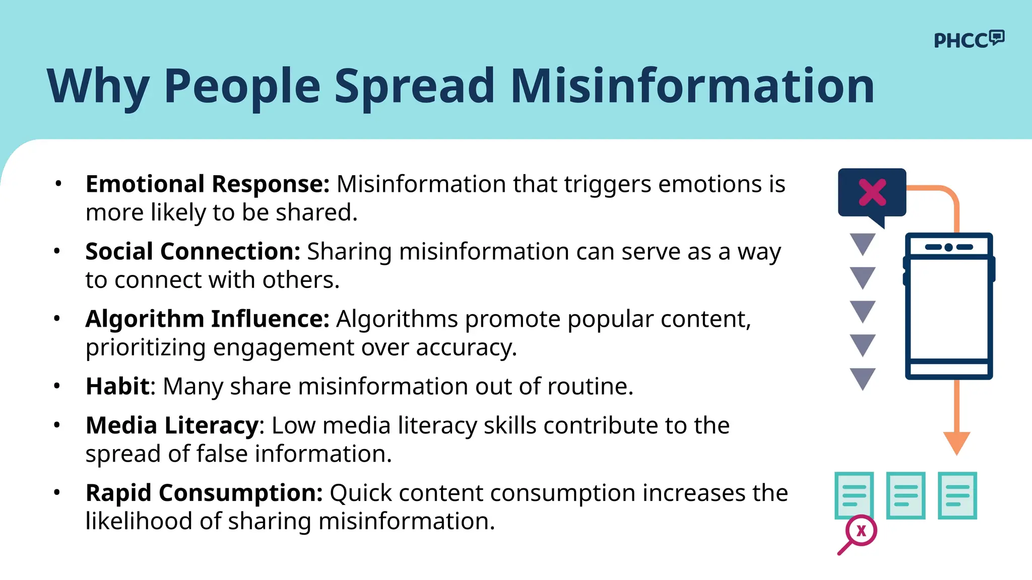 Why People Spread Misinformation
• Emotional Response: Misinformation that triggers emotions is
more likely to be shared.
• Social Connection: Sharing misinformation can serve as a way
to connect with others.
• Algorithm Influence: Algorithms promote popular content,
prioritizing engagement over accuracy.
• Habit: Many share misinformation out of routine.
• Media Literacy: Low media literacy skills contribute to the
spread of false information.
• Rapid Consumption: Quick content consumption increases the
likelihood of sharing misinformation.
 