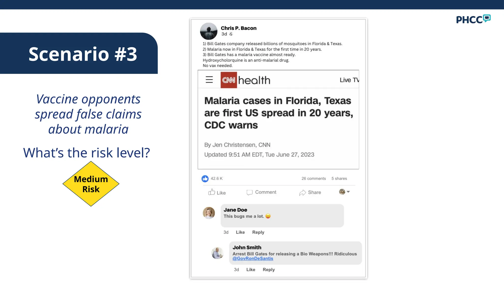 Scenario #3
Vaccine opponents
spread false claims
about malaria
What’s the risk level?
Medium
Risk
 