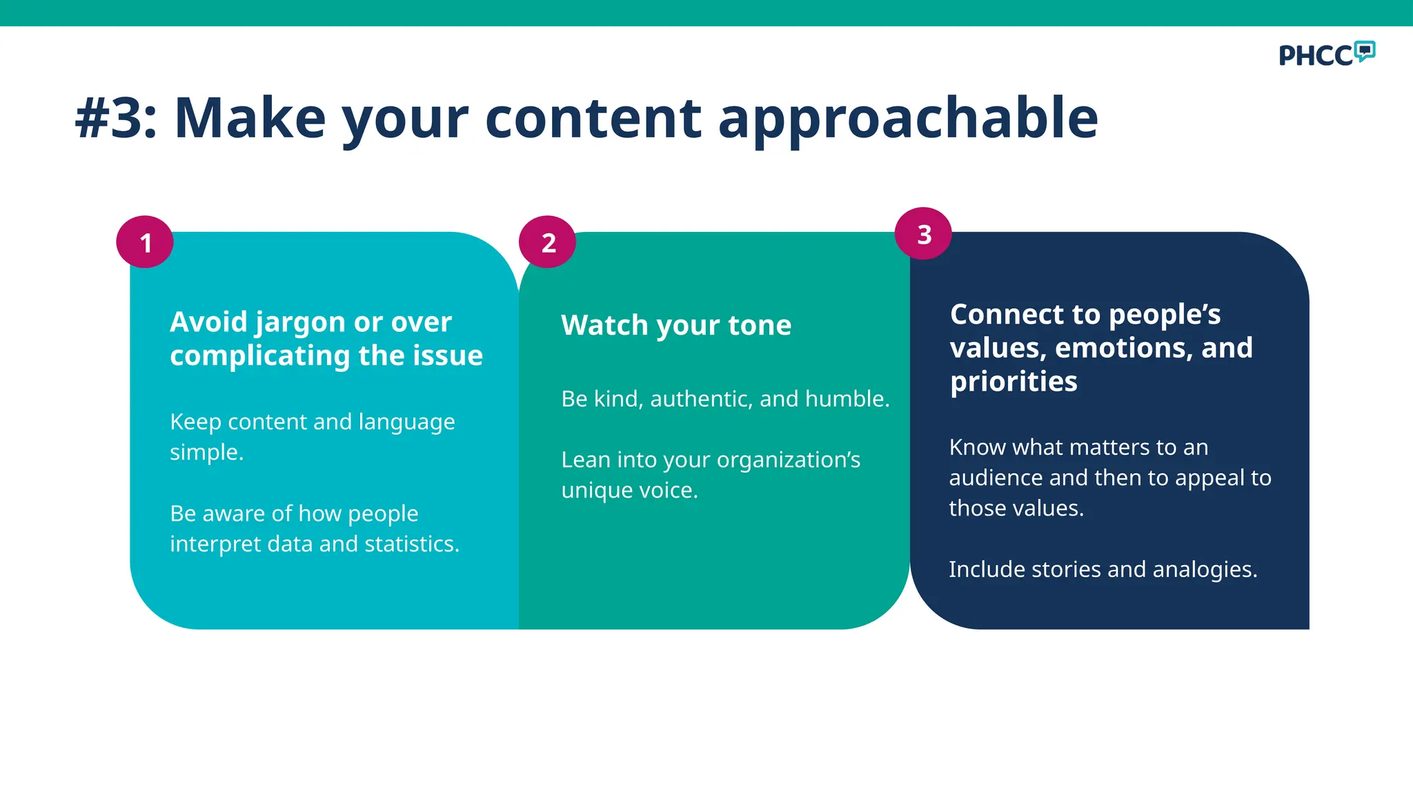 #3: Make your content approachable
Avoid jargon or over
complicating the issue
Keep content and language
simple.
Be aware of how people
interpret data and statistics.
1
Watch your tone
Be kind, authentic, and humble.
Lean into your organization’s
unique voice.
Connect to people’s
values, emotions, and
priorities
Know what matters to an
audience and then to appeal to
those values.
Include stories and analogies.
2 3
 