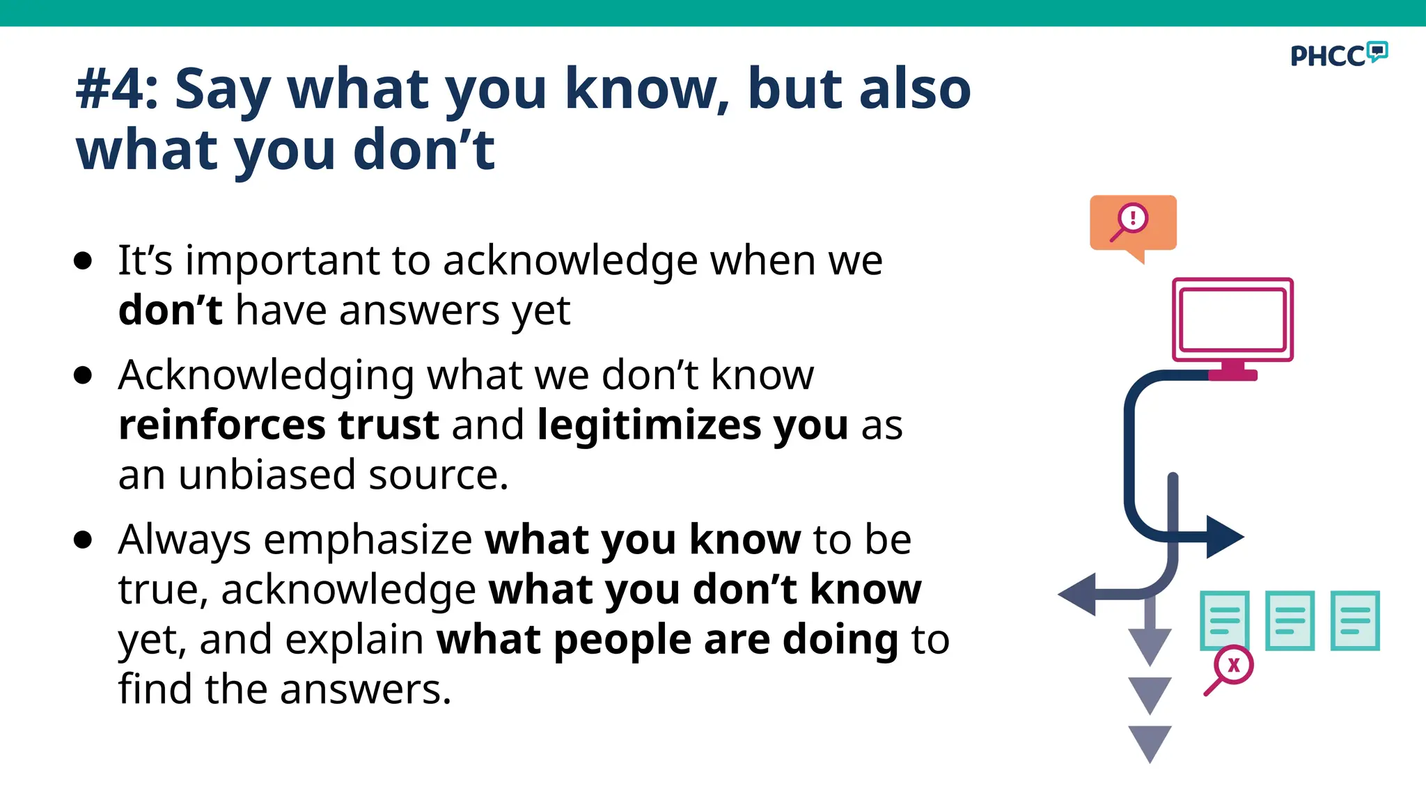 #4: Say what you know, but also
what you don’t
● It’s important to acknowledge when we
don’t have answers yet
● Acknowledging what we don’t know
reinforces trust and legitimizes you as
an unbiased source.
● Always emphasize what you know to be
true, acknowledge what you don’t know
yet, and explain what people are doing to
find the answers.
 