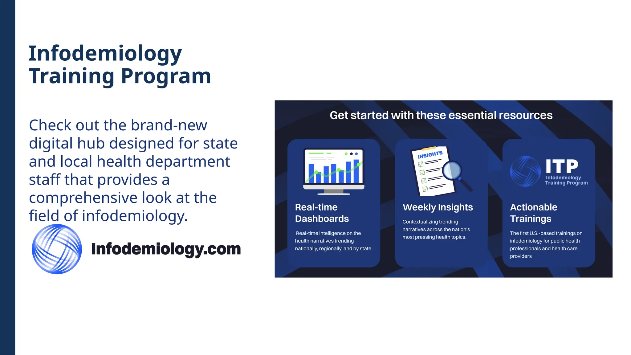 Check out the brand-new
digital hub designed for state
and local health department
staff that provides a
comprehensive look at the
field of infodemiology.
Infodemiology
Training Program
 