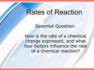 Essential Question:
How is the rate of a chemical
change expressed, and what
four factors influence the rate
of a chemical reaction?
Rates of Reaction
 