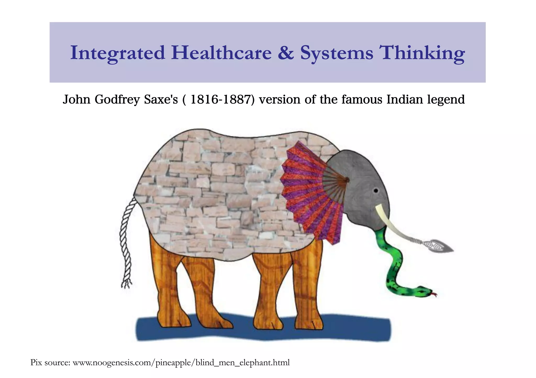 Pix source: www.noogenesis.com/pineapple/blind_men_elephant.html
Integrated Healthcare & Systems Thinking
John Godfrey Saxe's ( 1816-1887) version of the famous Indian legend
 