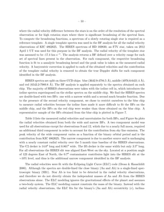 – 10 –


where the radial velocity diﬀerence between the stars is on the order of the resolution of the spectral
observation or for high rotation stars where there is signiﬁcant broadening of the spectral lines.
To compute the broadening functions, a spectrum of a slowly rotating single star is required as a
reference template. A single template spectra was used in the BF analysis for all the radial velocity
observations of KIC 4862625. The HIRES spectrum of HD 169830, an F7V star, taken on 2012
April 1 UT was used for this purpose in the BF analysis. The radial velocity of the template star
was assumed to be -17.4 km s−1 . The analysis returns a BF deﬁned over a velocity range for each
set of spectral lines present in the observation. For each component, the respective broadening
function is ﬁt to a aanalytic broadening kernel and the peak value is taken as the measured radial
velocity. A barycentric correction is applied to each of the obtained velocities and the contribution
of the template radial velocity is removed to obtain the true Doppler shifts for each component
identiﬁed in the BF analysis.

     HIRES spectra are split on three CCD chips: blue (3642.9-4794.5 ˚), middle (4976.6-6421.4 ˚),
                                                                     A                         A
and red (6543.2-7989.8 ˚). The BF analysis is applied separately to the spectra obtained on each
                        A
chip. The majority of HIRES observations were taken with the iodine cell in, which introduces the
iodine spectra superimposed on the stellar spectra on the middle chip. We ﬁnd the HIRES spectra
are double-lined with two BFs: one with a narrow width and a second much broader function. Due
to the presence of the second velocity component, we chose to restrict ourselves to the blue chip
to measure radial velocities because the iodine lines made it more diﬃcult to ﬁt the BFs on the
middle chip, and the BFs on the red chip were weaker than those obtained on the blue chip. A
representative sample of the BFs obtained from the blue chip is plotted in Figure 7.

     Table 3 lists the measured radial velocities and uncertainties for both BFs, and Figure 8a plots
the radial velocities obtained from both the wide and narrow BFs. A two component model was
used for all observations except for observations 9 and 12, which due to a nearly full moon, required
an additional third component in order to account for the contribution from sky line emission. The
peak velocity of the wide component varies as a function of the binary orbital period and is the
contribution from KIC 4862625. The narrow component is due to another source and is unchanging
with a nearly constant radial velocity over the 5 month time baseline of the HIRES observations.
The C2 decker is 14.0 long and 0.861 wide. The B5 decker is the same width but only 3.5 long.
For all observations the HIRES slit was aligned East-West on the sky. Located at a position angle
of 123 degrees East of North, the 0.7 contaminator contributes light into the HIRES slit at the
∼10% level, and thus is the additional narrow component identiﬁed in the BF analysis.

     The radial velocities were ﬁt with the Eclipsing Light Curve (ELC) code (Orosz & Hauschildt
2000). Although the spectra are double-lined the close binary (Aa and Ab) is a single-lined spec-
troscopic binary (SB1). Star Ab is too faint to be detected in the radial velocity observations,
and therefore we do not directly obtain the independent masses of Aa and Ab from the HIRES
observations alone. The ELC modeling ignores the gravitational eﬀects of the planet and assumes
a two-body system. The ELC modeling cannot constrain the mass of the binary. Instead with the
radial velocity observations, the ELC ﬁts for the binary’s (Aa and Ab) eccentricity (e), inclina-
 