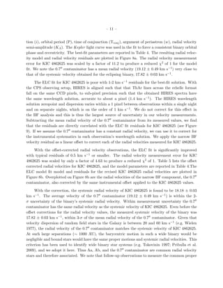 – 11 –


tion (i), orbital period (P), time of conjunction (Tconj ), argument of periastron (w), radial velocity
semi-amplitude (KA ). The Kepler light curve was used in the ﬁt to force a consistent binary orbital
phase and eccentricity. The best-ﬁt parameters are reported in Table 4. The resulting radial veloc-
ity model and radial velocity residuals are plotted in Figure 8a. The radial velocity measurement
error for KIC 4862625 was scaled by a factor of 11.2 to produce a reduced χ2 of 1 for the model
ﬁt. We note the 0.7 contaminator has a mean radial velocity (19.12 ± 0.49 km s−1 ) very close to
that of the systemic velocity obtained for the eclipsing binary, 17.82 ± 0.03 km s−1 .

     The ELC ﬁt for KIC 4862625 is poor with 1-2 km s−1 residuals for the best-ﬁt solution. With
the CPS observing setup, HIRES is aligned such that that ThAr lines across the echelle format
fall on the same CCD pixels, to sub-pixel precision such that the obtained HIRES spectra have
the same wavelength solution, accurate to about a pixel (1.4 km s−1 ). The HIRES wavelength
solution zeropoint and dispersion varies within a 1 pixel between observations within a single night
and on separate nights, which is on the order of 1 km s−1 . We do not correct for this eﬀect in
the BF analysis and this is thus the largest source of uncertainty in our velocity measurements.
Subtracting the mean radial velocity of the 0.7 contaminator from its measured values, we ﬁnd
that the residuals are directly correlated with the ELC ﬁt residuals for KIC 4862625 (see Figure
9). If we assume the 0.7 contaminator has a constant radial velocity, we can use it to correct for
the instrumental systematics in each observation’s wavelength solution. We apply the narrow BF
velocity residual as a linear oﬀset to correct each of the radial velocities measured for KIC 4862625.

     With the oﬀset-corrected radial velocity observations, the ELC ﬁt is signiﬁcantly improved
with typical residuals of 0.5 km s−1 or smaller. The radial velocity measurement error for KIC
4862625 was scaled by only a factor of 4.63 to produce a reduced χ2 of 1. Table 5 lists the oﬀset
corrected radial velocities for KIC 4862625, and the model parameters are reported in Table 4.The
ELC model ﬁt model and residuals for the revised KIC 4862625 radial velocities are plotted in
Figure 8b. Overplotted on Figure 8b are the radial velocities of the narrow BF component, the 0.7
contaminator, also corrected by the same instrumental oﬀset applied to the KIC 4862625 values.

     With the correction, the systemic radial velocity of KIC 4862625 is found to be 18.18 ± 0.03
km s−1 . The average velocity of the 0.7 contaminator (19.12 ± 0.49 km s−1 ) is within the 2-
σ uncertainty of the binary’s systemic radial velocity. Within measurement uncertainty the 0.7
contaminator has the same radial velocity as the systemic velocity of KIC 4862625. Even before the
oﬀset corrections for the radial velocity values, the measured systemic velocity of the binary was
17.82 ± 0.03 km s−1 , within 3-σ of the mean radial velocity of the 0.7 contaminator. Given that
velocity dispersion of random ﬁeld stars in the Galaxy is between 20 and 60 km s−1 (e.g. Wielen
1977), the radial velocity of the 0.7 contaminator matches the systemic velocity of KIC 4862625.
At such large separations (∼ 1000 AU), the barycentric motion in such a wide binary would be
negligible and bound stars would have the same proper motions and systemic radial velocities. This
criterion has been used to identify wide binary star systems (e.g. Tokovinin 1997; Pribulla et al.
2009), and we adopt it here. Thus Aa, Ab, and the 0.7 contaminator are common radial velocity
stars and therefore associated. We note that follow-up observations to measure the common proper
 