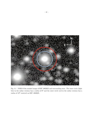 – 41 –




Fig. 6.— SARA 0.9m stacked image of KIC 4862625 and surrounding stars. The inner circle (light
blue in the online version) has a radius of 6 and the outer circle (red in the online version) has a
radius of 10 centered on KIC 4862625.
 