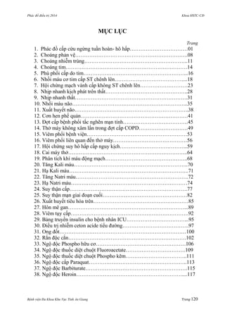 Phác đồ điều trị 2014 Khoa HSTC-CĐ
Bệnh viện Đa Khoa Khu Vực Tỉnh An Giang Trang 120
MỤC LỤC
Trang
1. Phác đồ cấp cứu ngừng tuần hoàn- hô hấp……………………………01
2. Choáng phản vệ……………………………………………………….08
3. Choáng nhiễm trùng…………………………………………………..11
4. Choáng tim……………………………………………………………14
5. Phù phổi cấp do tim…………………………………………………...16
6. Nhồi máu cơ tim cấp ST chênh lên…………………………………...18
7. Hội chứng mạch vành cấp không ST chênh lên………………………23
8. Nhịp nhanh kịch phát trên thất………………………………………..28
9. Nhịp nhanh thất……………………………………………………….31
10. Nhồi máu não………………………………………………………...35
11. Xuất huyết não………………………………………………………..38
12. Cơn hen phế quản…………………………………………………….41
13. Đợt cấp bệnh phổi tắc nghẽn mạn tính……………………………….45
14. Thở máy không xâm lấn trong đợt cấp COPD……………………….49
15. Viêm phổi bệnh viện…………………………………………………53
16. Viêm phổi liên quan đến thở máy……………………………………56
17. Hội chứng suy hô hấp cấp nguy kịch………………………………...59
18. Cai máy thở…………………………………………………………..64
19. Phân tích khí máu động mạch………………………………………..68
20. Tăng Kali máu………………………………………………………..70
21. Hạ Kali máu…………………………………………………………..71
22. Tăng Natri máu……………………………………………………….72
23. Hạ Natri máu…………………………………………………………74
24. Suy thận cấp………………………………………………………….77
25. Suy thận mạn giai đoạn cuối…………………………………………82
26. Xuất huyết tiêu hóa trên………………………………………………85
27. Hôn mê gan…………………………………………………………...89
28. Viêm tụy cấp………………………………………………………….92
29. Bảng truyền insulin cho bệnh nhân ICU……………………………...95
30. Điều trị nhiễm ceton acide tiểu đƣờng………………………………..97
31. Ong đốt………………………………………………………………100
32. Rắn độc cắn………………………………………………………….102
33. Ngộ độc Phospho hữu cơ……………………………………………106
34. Ngộ độc thuốc diệt chuột Fluoroacetate…………………………….109
35. Ngộ độc thuốc diệt chuột Phospho kẽm……………………………..111
36. Ngộ độc cấp Paraquat………………………………………………..113
37. Ngộ độc Barbiturate………………………………………………….115
38. Ngộ độc Heroin……………………………………………………....117
 