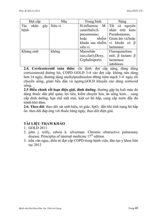 Phác đồ điều trị 2014 Khoa HSTC-CĐ
Bệnh viện Đa Khoa Khu Vực Tỉnh An Giang Trang 48
Đợt cấp Nhẹ Trung bình Nặng
Tác nhân gây
bệnh
Siêu vi H.influenza; M.
catarrhalis;S.
pneumoniae;
hoặc nhiễm
khuẩn sau nhiễm
siêu vi
Tất cả nguyên
nhân trên kèm
Pseudomonas,
Gram âm và/hoặc
vi khuẩn có β
lactamase
Kháng sinh không Macrolide
(azi,clari),Doxy,
Cephalosporin
Fluroquinolone
mới, β lactam- β
lactamase
inhibitors
2.4. Corticosteroid toàn thân: chỉ định: đợt cấp nặng, đang dùng
corticosteroid đƣờng hít, COPD GOLD 3-4 vào đợt cấp. không nên dùng
hơn 14 ngày, thƣờng dùng methylprednisolon 40mg tiêm mạch 3-4 ngày rồi
chuyển uống, giảm liều dần và ngƣng,GOLD khuyến cáo dùng corticoid
uống.
2.5 Điều chỉnh rối loạn điện giải, dinh dƣỡng: thƣờng gặp hạ kali máu do
dùng thuốc dãn phế quản, lợi tiểu, kiềm chuyển hóa, ăn uống kém… cung
cấp dinh dƣỡng, hạn chế mệt mỏi, kiệt cơ hô hấp, cung cấp nƣớc đầy đủ
tránh khô đàm.
2.6. Theo dõi: theo dõi sát sinh hiệu, tri giác, SpO2 đến khi tình trạng hô hấp
ổn. theo dõi đáp ứng với thuốc hàng ngày, theo dõi điện giải.
TÀI LIỆU THAM KHẢO
1. GOLD 2011
2. john j. reilly, edwin k. silverman. Chromic obstructive pulmonary
disease. Principles of internal medicine 17th
edition
3. trần văn ngọc, điều trị đợt cấp COPD trong bệnh viện, đào tạo y khoa liên
tục 2012
 
