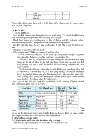 Phác đồ điều trị 2014 Khoa HSTC-CĐ
Bệnh viện Đa Khoa Khu Vực Tỉnh An Giang Trang 87
Ngất 2
Bệnh gan 2
Suy tim 2
(Thang điểm Blatchford được tính từ 0-23 điểm, điểm số càng cao thì nguy cơ chảy
máu tái phát càng lớn)
III. ĐIỀU TRỊ
1. Hồi sức nội khoa:
- Ngay khi BN vào viện cần đánh giá tình trạng huyết động. Trả lại thể tích khối lƣợng
tuần hoàn là biện pháp phải làm đầu tiên càng sớm càng tốt.
- Thành lập 2 đƣờng truyền tĩnh mạch với kim có đƣờng kính lớn hoặc đặt catheter
tĩnh mạch trung tâm nếu không thể đặt đƣợc đƣờng truyền ngoại biên.
- Cho BN nằm đầu thấp, thở oxy qua sonde mũi 3-6 l/ph nếu có dấu hiệu thiếu oxy
não.
- Làm các xét nghiệm cơ bản cần thiết.
- Phân loại mức độ XHTH (dựa vào các tiêu chuẩn trên).
* Nếu BN ở mức độ nhẹ: sau khi đã thành lập đƣờng truyền chuyển sang bƣớc
theo dõi, chẩn đoán nguyên nhân và điều trị nguyên nhân đó.
* Nếu BN ở mức độ trung bình: đánh giá lƣợng máu đã mất tính theo trọng
lƣợng cơ thể để hồi phục lại thể tích tuần hoàn tƣơng ứng bằng các loại dịch
đẳng trƣơng. Nếu mạch, huyết áp ổn định thì chuyển sang chẩn đoán và xử trí
nguyên nhân.
* Nếu BN ở mức độ nặng: cần trả lại thể tích khối lƣợng tuần hoàn bằng dịch
và máu với tỷ lệ 1/3 là máu và 2/3 là dịch đẳng trƣơng. Truyền đến khi mạch,
huyết áp ổn định, không còn sốc, hết dấu thiếu oxy não, cận lâm sàng Hct ≥
20% và hồng cầu ≥ 2 triệu/mm3
(với ngƣời có bệnh lý tim mạch và lớn tuổi nên
nâng lên Hct ≥25%, hồng cầu ≥ 2,5 triệu/mm3
).
- Lựa chọn các loại dịch phụ thuộc vào nơi khuếch tán và khả năng hồi phục thể tích
máu và thời gian phân hủy của dịch đó.
- Tiến
hành sớm
nội soi dạ dày tá tràng trong 24 giờ để chẩn đoán xác định và đánh giá nguy cơ chảy
máu tái phát trên nội soi và điều trị cầm máu bằng nội soi.
2. Điều trị theo nguyên nhân:
(1) Điều trị xuất huyết tiêu hóa do loét dạ dày tá tràng:
- Cầm máu qua nội soi chỉ định với Forrest Ia, Ib, IIa, cân nhắc IIb.
Loại dịch Nơi khuếch tán Thể tích
hồi phục
Bán hủy
Máu Trong lòng mạch máu 1/1 34-35 ngày
Albumin người Mạch máu 3-4/1 21 ngày
Dextran 40 Mạch máu 2/1 6-8 giờ
NaCl 0,9% Ngoài tế bào 1/4 8 giờ
Lactate Ringer Ngoài tế bào 1/4
Glucose 5% Nƣớc toàn thể 1/10
 
