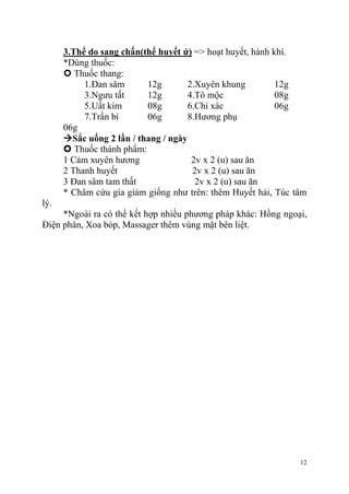 12
3.Thể do sang chấn(thể huyết ứ) => hoạt huyết, hành khí.
*Dùng thuốc:
 Thuốc thang:
1.Đan sâm 12g 2.Xuyên khung 12g
3.Ngưu tất 12g 4.Tô mộc 08g
5.Uất kim 08g 6.Chỉ xác 06g
7.Trần bì 06g 8.Hương phụ
06g
Sắc uống 2 lần / thang / ngày
 Thuốc thành phẩm:
1 Cảm xuyên hương 2v x 2 (u) sau ăn
2 Thanh huyết 2v x 2 (u) sau ăn
3 Đan sâm tam thất 2v x 2 (u) sau ăn
* Châm cứu gia giảm giống như trên: thêm Huyết hải, Túc tâm
lý.
*Ngoài ra có thể kết hợp nhiều phương pháp khác: Hồng ngoại,
Điện phân, Xoa bóp, Massager thêm vùng mặt bên liệt.
 