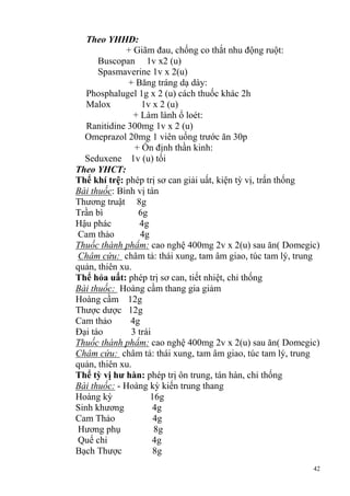 42
Theo YHHĐ:
+ Giãm đau, chống co thắt nhu động ruột:
Buscopan 1v x2 (u)
Spasmaverine 1v x 2(u)
+ Băng tráng dạ dày:
Phosphalugel 1g x 2 (u) cách thuốc khác 2h
Malox 1v x 2 (u)
+ Làm lành ổ loét:
Ranitidine 300mg 1v x 2 (u)
Omeprazol 20mg 1 viên uống trước ăn 30p
+ Ổn định thần kinh:
Seduxene 1v (u) tối
Theo YHCT:
Thể khí trệ: phép trị sơ can giải uất, kiện tỳ vị, trấn thống
Bài thuốc: Bình vị tán
Thương truật 8g
Trần bì 6g
Hậu phác 4g
Cam thảo 4g
Thuốc thành phẩm: cao nghệ 400mg 2v x 2(u) sau ăn( Domegic)
Châm cứu: châm tả: thái xung, tam âm giao, túc tam lý, trung
quản, thiên xu.
Thể hỏa uất: phép trị sơ can, tiết nhiệt, chỉ thống
Bài thuốc: Hoàng cầm thang gia giảm
Hoàng cầm 12g
Thược dược 12g
Cam thảo 4g
Đại táo 3 trái
Thuốc thành phẩm: cao nghệ 400mg 2v x 2(u) sau ăn( Domegic)
Châm cứu: châm tả: thái xung, tam âm giao, túc tam lý, trung
quản, thiên xu.
Thể tỳ vị hƣ hàn: phép trị ôn trung, tán hàn, chỉ thống
Bài thuốc: - Hoàng kỳ kiến trung thang
Hoàng kỳ 16g
Sinh khương 4g
Cam Thảo 4g
Hương phụ 8g
Quế chi 4g
Bạch Thược 8g
 