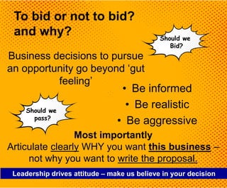 To bid or not to bid?
and why?
• Be informed
• Be realistic
• Be aggressive
Leadership drives attitude – make us believe in your decision
Business decisions to pursue
an opportunity go beyond ‘gut
feeling’
Should we
Bid?
Should we
pass?
Most importantly
Articulate clearly WHY you want this business –
not why you want to write the proposal.
 