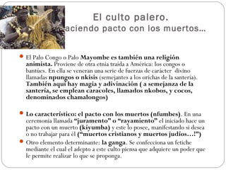 El culto palero.
               Haciendo pacto con los muertos…


 El Palo Congo o Palo Mayombe es también una religión
  animista. Proviene de otra etnia traída a América: los congos o
  bantúes. En ella se veneran una serie de fuerzas de carácter divino
  llamadas npungos o nkisis (semejantes a los orichas de la santería).
  También aquí hay magia y adivinación ( a semejanza de la
  santería, se emplean caracoles, llamados nkobos, y cocos,
  denominados chamalongos)

 Lo característico: el pacto con los muertos (nfumbes). En una
  ceremonia llamada “juramento” o “rayamiento” el iniciado hace un
  pacto con un muerto (kiyumba) y este lo posee, manifestando si desea
  o no trabajar para él (“muertos cristianos y muertos judíos…!”)
 Otro elemento determinante: la ganga. Se confecciona un fetiche
  mediante el cual el adepto a este culto piensa que adquiere un poder que
  le permite realizar lo que se proponga.
 
