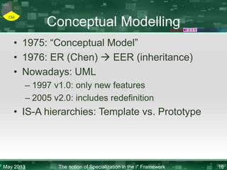 KR

SD

CM

Conceptual Modelling

• 1975: “Conceptual Model”
• 1976: ER (Chen)  EER (inheritance)
• Nowadays: UML
– 1997 v1.0: only new features
– 2005 v2.0: includes redefinition

• IS-A hierarchies: Template vs. Prototype

May 2013

The notion of Specialization in the i* Framework

16

 