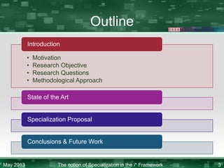 Outline
Introduction
•
•
•
•

Motivation
Research Objective
Research Questions
Methodological Approach

State of the Art

Specialization Proposal

Conclusions & Future Work

May 2013

The notion of Specialization in the i* Framework

3

 