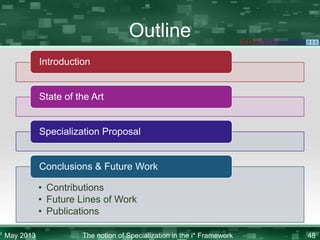 Outline
Introduction

State of the Art

Specialization Proposal

Conclusions & Future Work
• Contributions
• Future Lines of Work
• Publications
May 2013

The notion of Specialization in the i* Framework

48

 