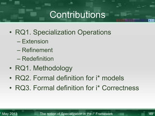 Contributions
• RQ1. Specialization Operations
– Extension
– Refinement
– Redefinition

• RQ1. Methodology
• RQ2. Formal definition for i* models
• RQ3. Formal definition for i* Correctness

May 2013

The notion of Specialization in the i* Framework

49

 