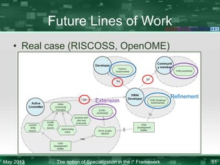 Future Lines of Work
• Real case (RISCOSS, OpenOME)

Extension

May 2013

The notion of Specialization in the i* Framework

Refinement

51

 