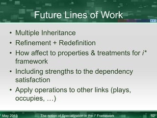 Future Lines of Work
• Multiple Inheritance
• Refinement + Redefinition
• How affect to properties & treatments for i*
framework
• Including strengths to the dependency
satisfaction
• Apply operations to other links (plays,
occupies, …)
May 2013

The notion of Specialization in the i* Framework

52

 