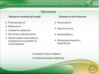 Київський національний економічний університет імені Вадима Гетьмана 
Принципи 
Програми доктора філософії 
 Різноманітні...