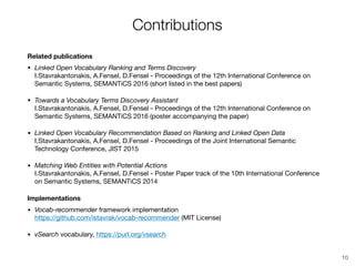 Contributions
Related publications
• Linked Open Vocabulary Ranking and Terms Discovery 
I.Stavrakantonakis, A.Fensel, D.Fensel - Proceedings of the 12th International Conference on
Semantic Systems, SEMANTiCS 2016 (short listed in the best papers)

• Towards a Vocabulary Terms Discovery Assistant 
I.Stavrakantonakis, A.Fensel, D.Fensel - Proceedings of the 12th International Conference on
Semantic Systems, SEMANTiCS 2016 (poster accompanying the paper)

• Linked Open Vocabulary Recommendation Based on Ranking and Linked Open Data 
I.Stavrakantonakis, A.Fensel, D.Fensel - Proceedings of the Joint International Semantic
Technology Conference, JIST 2015

• Matching Web Entities with Potential Actions 
I.Stavrakantonakis, A.Fensel, D.Fensel - Poster Paper track of the 10th International Conference
on Semantic Systems, SEMANTiCS 2014

Implementations
• Vocab-recommender framework implementation 
https://github.com/istavrak/vocab-recommender (MIT License)

• vSearch vocabulary, https://purl.org/vsearch
10
 