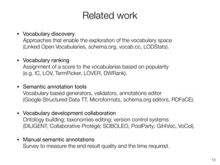 Related work
• Vocabulary discovery 
Approaches that enable the exploration of the vocabulary space 
(Linked Open Vocabularies, schema.org, vocab.cc, LODStats).
• Vocabulary ranking 
Assignment of a score to the vocabularies based on popularity 
(e.g. IC, LOV, TermPicker, LOVER, DWRank).
• Semantic annotation tools 
Vocabulary based generators, validators, annotations editor 
(Google Structured Data TT, Microformats, schema.org editors, RDFaCE).
• Vocabulary development collaboration 
Ontology building; taxonomies editing; version control systems 
(DILIGENT, Collaborative Protégé; SOBOLEO, PoolParty; Git4Voc, VoCol).
• Manual semantic annotations 
Survey to measure the end result quality and the time required.
12
 