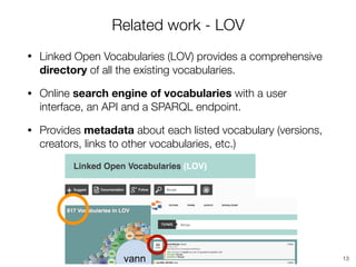 Related work - LOV
• Linked Open Vocabularies (LOV) provides a comprehensive
directory of all the existing vocabularies.
• Online search engine of vocabularies with a user
interface, an API and a SPARQL endpoint.
• Provides metadata about each listed vocabulary (versions,
creators, links to other vocabularies, etc.)
13
 