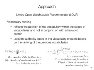 Approach
Linked Open Vocabularies Recommender (LOVR)
Vocabulary ranking
• reﬂects the position of the vocabulary within the space of
vocabularies and not in conjunction with a keyword
search
• uses the authority score of the vocabulary creators based
on the ranking of the previous vocabularies
19
Bv = Number of the backlinks to v
= Number of vocabularies in LOV
Sv = Authority score for v
,
Av = Authors set for v
Va = Vocabularies set for author a
VR(uk) = Score of vocabulary k
based on incoming links
 
