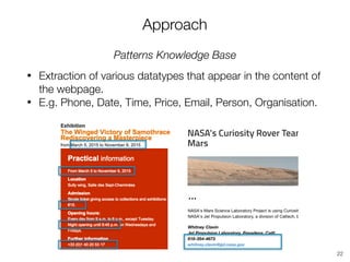 Patterns Knowledge Base
• Extraction of various datatypes that appear in the content of
the webpage.
• E.g. Phone, Date, Time, Price, Email, Person, Organisation.
Approach
22
…
 