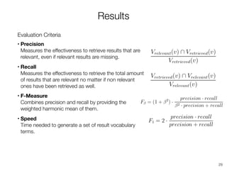 Results
Evaluation Criteria
• Precision
Measures the effectiveness to retrieve results that are
relevant, even if relevant results are missing.
• Recall 
Measures the effectiveness to retrieve the total amount
of results that are relevant no matter if non relevant
ones have been retrieved as well.
• F-Measure 
Combines precision and recall by providing the
weighted harmonic mean of them.
• Speed 
Time needed to generate a set of result vocabulary
terms.
29
 