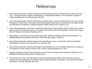 References
1. Ioannis Stavrakantonakis, Andreas Thalhammer, Alex Oberhauser, Corneliu-Valentin Stanciu, Ioan Toma. D2.4/
D2.5 – e-Freight Semantic Registry and Repository / e-Freight SESA platform. Technical report, European e-
Freight capabilities for Co-modal transport, 04 2013.

2. Ioannis Stavrakantonakis, Andreas Thalhammer, Alex Oberhauser, Corneliu-Valentin Stanciu, Ioan Toma, Audun
Vennesland, Thomas Cane. Introduction of the Semantically Enabled Service Architecture to the freight domain.
2nd International Conference on Applied Paperless Freight Transport and Logistics, 2012.

3. Ioannis Stavrakantonakis, Ioan Toma, Anna Fensel, Dieter Fensel. Hotel websites, Web 2.0, Web 3.0 and online
direct marketing: The case of Austria. In Information and Communication Technologies in Tourism 2014, pages
665–677. Springer International Publishing, 2014.

4. Nikos Bikakis, Chrisa Tsinaraki, Ioannis Stavrakantonakis, Nektarios Gioldasis, Stavros Christodoulakis. The
SPARQL2XQuery interoperability framework. World Wide Web, pages 1–88, 2014.

5. Ioannis Stavrakantonakis. Personal data and user modelling in tourism. In Information and Communication
Technologies in Tourism 2013, pages 507–518. Springer, 2013.

6. Ioannis Stavrakantonakis, Andreea-Elena Gagiu, Harriet Kasper, Ioan Toma, Andreas Thalhammer. An approach
for evaluation of social media monitoring tools. Common Value Management, 52, 2012.

7. Andreas Thalhammer, Ioannis Stavrakantonakis, and Ioan Toma. Diversity-aware clustering of SIOC posts. In I-
SEMANTICS (Posters & Demos) 2013. Citeseer, 2013.

8. Anna Fensel, Ioan Toma, José María García, Ioannis Stavrakantonakis, Dieter Fensel. Enabling customers
engagement and collaboration for small and medium-sized enterprises in ubiquitous multi-channel ecosystems.
Computers in Industry, 65(5):891–904, 2014.
36
 