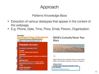 Patterns Knowledge Base
• Extraction of various datatypes that appear in the content of
the webpage.
• E.g. Phone, Date, T...