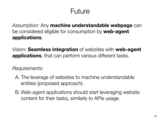 Future
Assumption: Any machine understandable webpage can
be considered eligible for consumption by web-agent
applications...