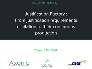 Justification Factory :
From justification requirements
elicitation to their continuous
production
PhD Defense - 16/11/2018
Clément DUFFAU
 